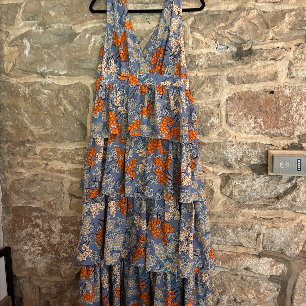 Traffic People Orange and Blue Tiered Maxi Sundress